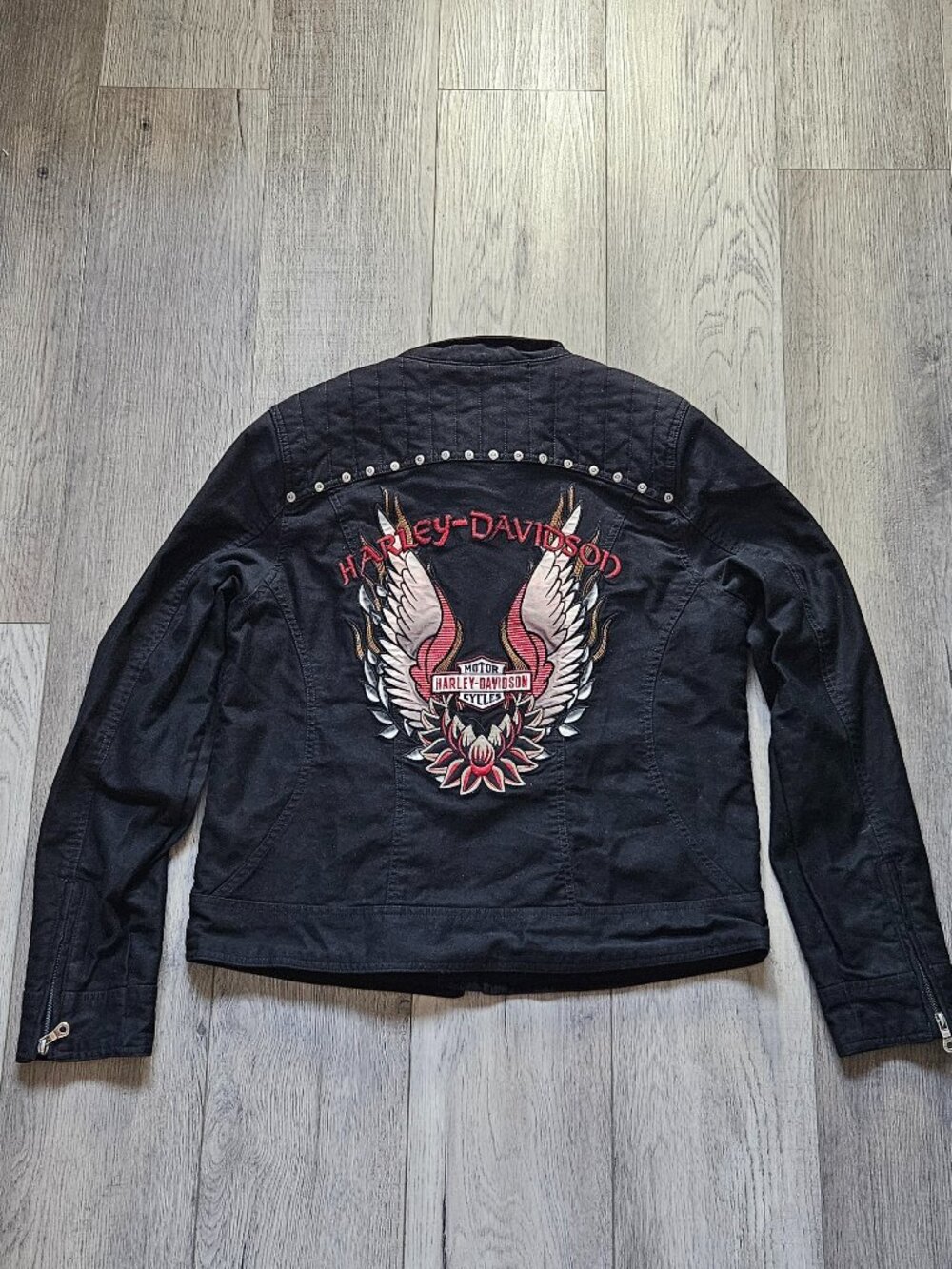 Harley-Davidson Womens L Black Canvas Moto Biker Jacket Eagle Embroidered Studs